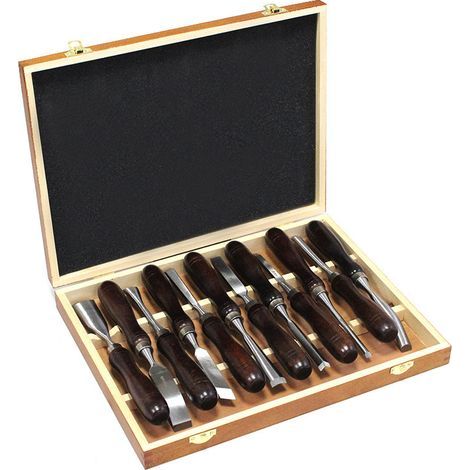 Coffret d'outils de sculpture sur bois pour 12 personnes avec burin, lames en acier Razer-Sharp CR-V 60, dans une boîte en bois. (1/5)