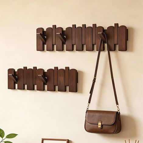 Porte-manteau mural touche de piano 6 crochetsSupport de rangement en hêtre couleur noyer foncéPorte-vêtements déco pour entrée et maison (1/4)
