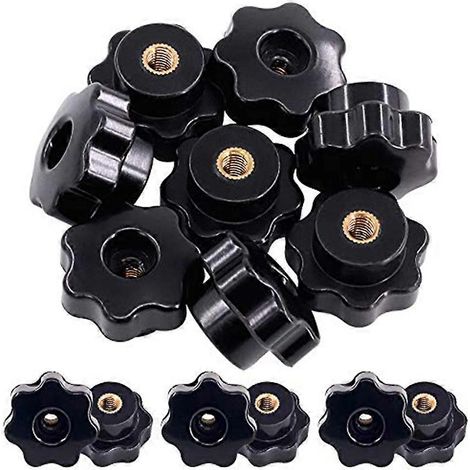 Lot de 15 écrous de serrage à bouton étoile M6, filetage femelle en laiton, poignée à visser, finition plastique noir. (1/4)