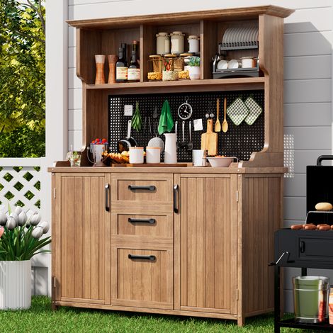 Armoire de jardin en bois, armoire à outils en sapin massif avec 3 tiroirs, 3 compartiments, panneau perforé en métal et étagères réglables, pour terrasse et balcon