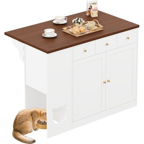 CHICFURN Isla de cocina 120x70x90 cm de MDF blanco y nogal, encimera extensible, espacio para gato (1/5)