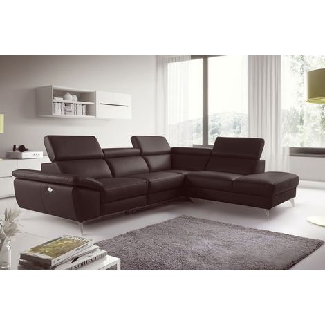Canapé d'angle relax en 100% tout cuir épais de luxe italien avec relax électrique, 5/6 places KASTER, chocolat, angle droit