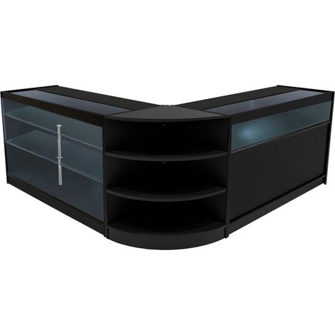 Set Mostradores Comerciales "DEMETER"   Negro  K1500+B1500+LM60  MDF y vidrio templado  Estantes y puertas corredizas con cerradura  Fácil Montaje  Mostrador Recepción Expositor Comercial Mesa
