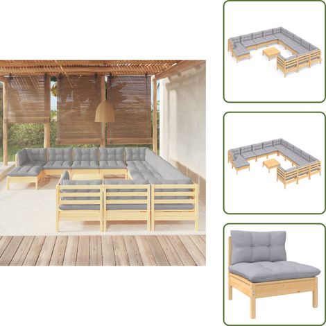 Muebles de madera - vidaXL Juego de muebles de jardín 13 pzas y cojines madera pino gris - Jardín exterior