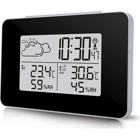 Station Météo sans Fil, Horloge Météo Multifonctionnelle Numérique avec Météo Extérieure/Température/Humidité/Rétro-éclairage/Alarme Roupillon Une Fonction (Noir) (1/5)