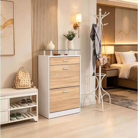 Zapatero de 2 puertas abatibles, cristal, 60 x 24 x 105,5 cm, blanco y roble claro HAVRYA (1/5)