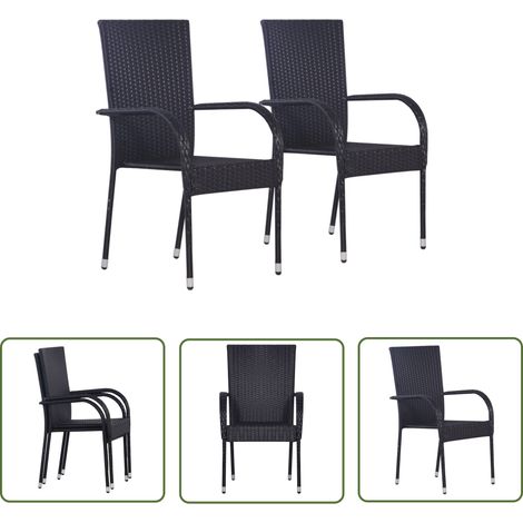The Living Store Chaises empilables d'extérieur lot de 2 Résine tressée Noir - Chaise De Jardin - Chaise Extérieure - Mobilier De Jardin - Résine Tressée - Chaise Empilable (1/5)