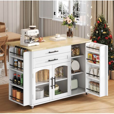 Isola cucina 120/70 x 45 x 90 cm in MDF naturale/bianco con piano ribaltabile e ampio spazio contenitivo (1/5)