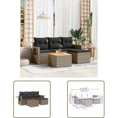 The Living Store 5-tlg. Garten-Sofagarnitur mit Kissen Grau Poly Rattan - Gartenmöbel Set - PE-Rattan Möbel - Outdoor Lounge - Esszimmergarnitur - Balkonmöbel (1/3)