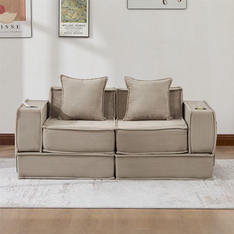 Canapé Convertible 2 Places en Velours Côtelé - 162x78x66 cm - Canapé Modulable avec Pouf, Rangement et Porte-Gobelets - Khaki (1/5)