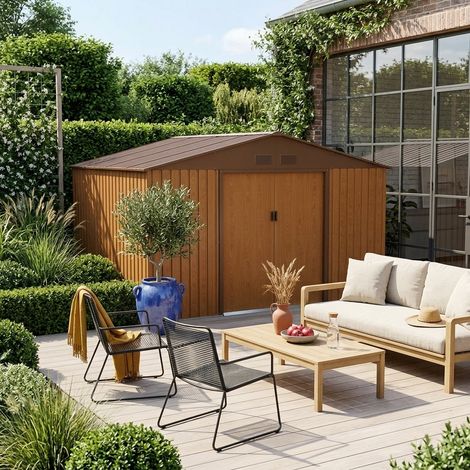 Abri de jardin en métal - Boulonnais - 10.85m² bois et marron - Cabane à outils avec deux portes coulissantes. kit de fixation sol inclus. maison de rangement. remise (1/5)