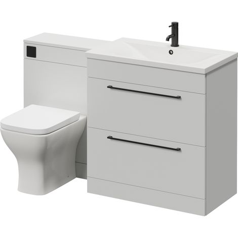 Napoli 460 Cento Gloss Grey Pearl 1400mm 2 Drawer Vanity Unit Toilet Suite with Glide Basin - 1400mm - Matt Black 480mm HandleWith Kingston Toilet Pan and Seat