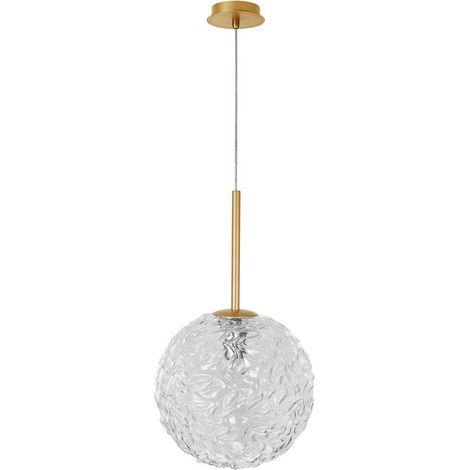 Merano Concord Globe Suspension Plafonnier Verre Structuré Transparent, Acier Doré Brossé LED E27
