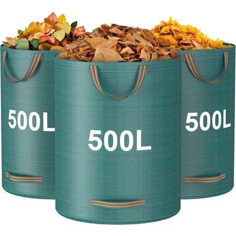 Lot de 3 sacs à déchets de jardin, 500 L, très résistants avec poignées, sacs de jardin réutilisables, sacs de recyclage pliables pour feuilles, ordures, débris, sacs poubelle de jardin