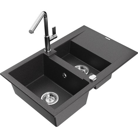 Mexen Gaspar évier en granit 1,5 bac avec égouttoir et robinet Flora, noir moucheté - 6507-76-670401-00 (1/5)