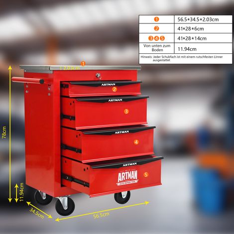 Chariot à outils roulant 4 tiroirs, meuble de rangement métallique avec plan de travail en inox, pour garage, atelier, entrepôt et réparation – rouge. (1/5)