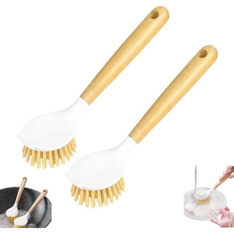 Lot de 2 brosses à vaisselle - Brosse de cuisine pour casseroles et vaisselle - Brosse à casseroles avec manche en bois - Brosse de nettoyage - Avec manche - Convient pour nettoyer les casseroles, poê (1/5)
