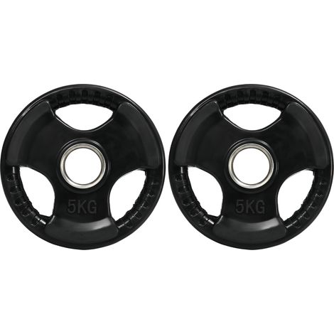 Disques de musculation, lot de 2, 5 kg par disque, trois poignées, revêtement en caoutchouc protecteur de sol, métal (1/5)