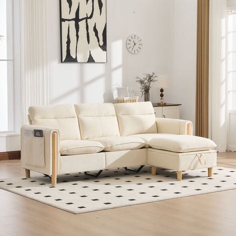Canapé d’angle modulable 3 places avec rangement, canapé en L en chenille avec méridienne et pouf Beige (1/5)