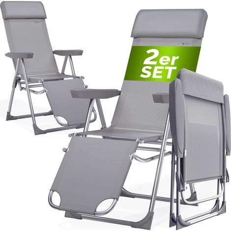 CASARIA® Gartenstuhl 2er Set Hochlehner 6-fach verstellbar Liegefunktion Alu Klappbar mit hoher Rückenlehne Fußteil Camping Campingstuhl Klappstuhl Grau (1/6)