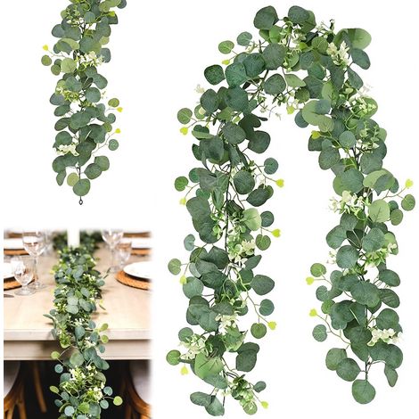 Guirlandes Artificielles D'Eucalyptus 1.8m, Eucalyptus Artificiel Guirlande avec Fleurs Blanches, Vignes Feuilles d'eucalyptus, Eucalyptus Vignes pour Mariage, Salon, Balcon, Porte et Mur (1/5)