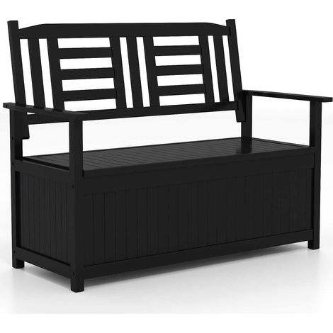 Banc coffre de jardin noir en bois massif 185 L avec dossier, accoudoirs et ouverture assistée pour terrasse et jardin