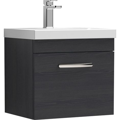 Nuie Athena Charcoal Black Woodgrain 500mm Wall Hung Single Drawer Vanity Unit and Mid Edge Ceramic Basin - ATH012A (1/5)