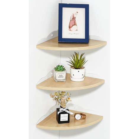 CYRILL – Set di 3 mensole angolari sospese in legno rustico, mensole da parete marrone chiaro mensole sospese per cucina, camera da letto, soggiorno, fissaggi inclusi, raggio 27 cm (1/5)