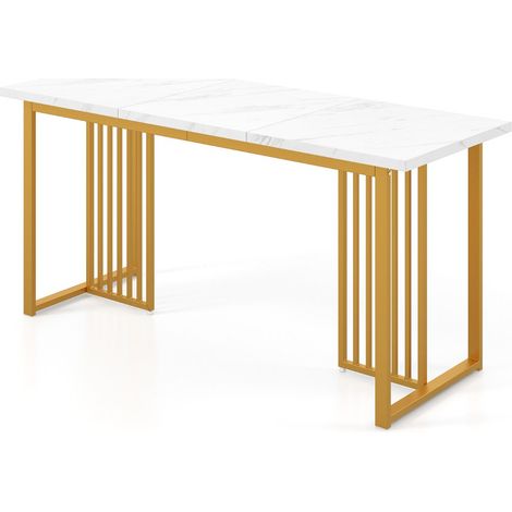 Table à manger moderne 160 x 60 cm pour 6-8 personnes avec pieds en T stabilité renforcée design contemporain en MDF blanc doré