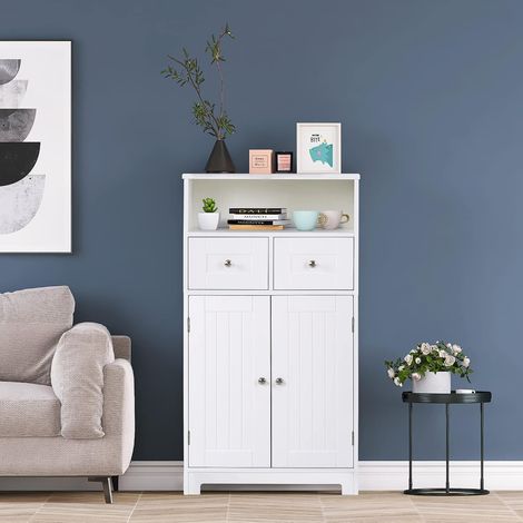 Freestanding wooden bathroom storage cabinet with drawers and doors, white with adjustable shelf for home office (drawer) (1/5)