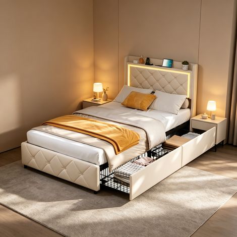 Bett 90x200 cm mit Schubladen, gepolstertes Bett mit LED-Lichtleiste und USB-Anschluss, Doppelbett, Stauraumbetten – Lattenrost