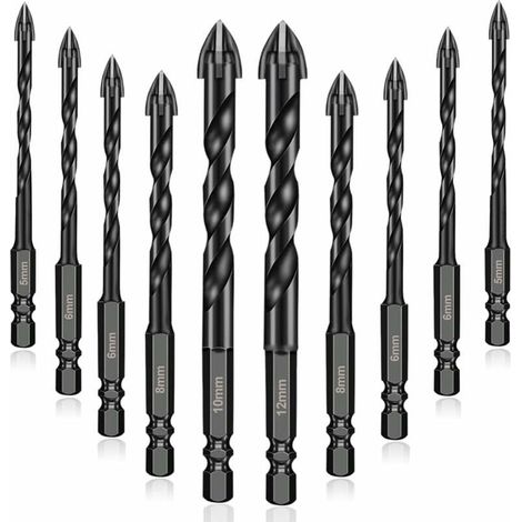 10Pcs forets à maonnerie en carbure de tungstène, Forets Pour Carrelage Verre pour porcelaine, carrelage, béton, mur de brique, verre, miroirs, plastique, et bois - 5/5/6/6/6/6/8/8/10/12mm (1/5)