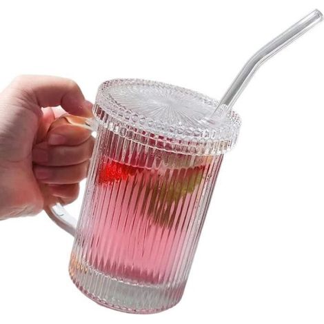 1 Gobelet, Verre côtelé avec couvercle et paille, 390 ml, Design vintage, Pour café glacé et jus (1/4)