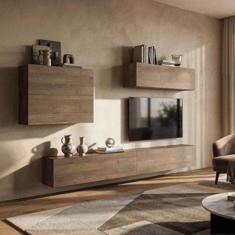 Pared Modular Gate: Mueble de Salón, 5 Estantes, 5 Puertas, Color Nogal (1/4)
