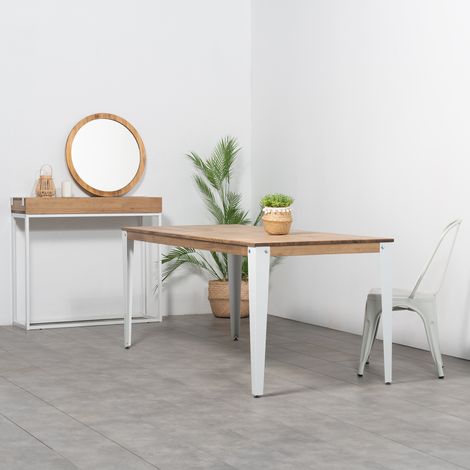 Mesa Lunds 110x70x75cm Blanca en madera maciza de pino acabado vintage estilo industrial Box Furniture