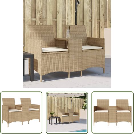 The Living Store Gartensofa 2-Sitzer mit Tisch und Kissen Beige Poly Rattan - Gartensofa - Outdoor-Sofa - Terrassenmöbel - Lounge Set - Gartenlounge (1/5)