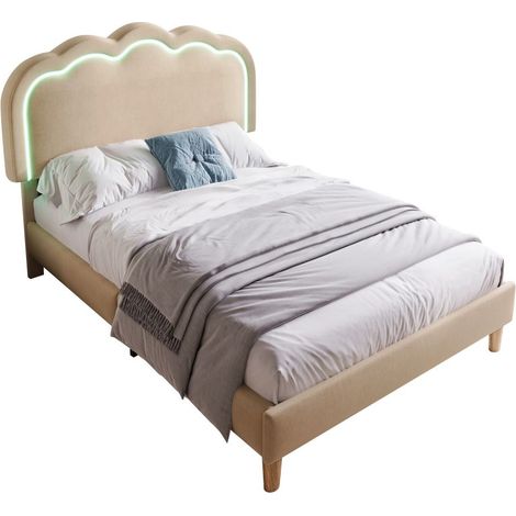 Lit simple LED rembourré, 90 x 200 cm, beige, cadre de lit Junior, tissu en lin (1/5)