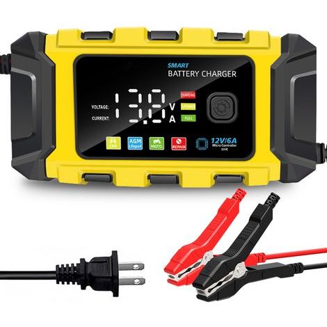Ortviai Chargeur de Batterie 12V Intelligent Automatique avec Écran Digital, pour Voitures, Moto, Bateaux, Batteries Plomb-Acid (Jaune) (1/5)