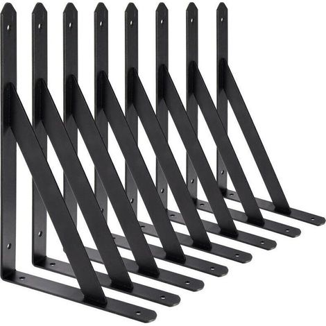 Équerre de fixation murale 200 x 120 mm – Lot de 8 supports triangulaires en acier noir – Capacité de charge 30 kg – Antirouille et résistants