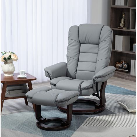 Fauteuil relax 85x82x106 cm gris en simili cuir avec repose-pieds et fonction inclinable pivotante (1/5)