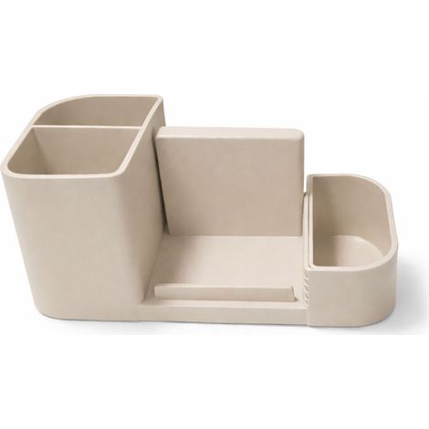 Organizador de escritorio beige con soporte para teléfono y contenedor para objetos pequeños.