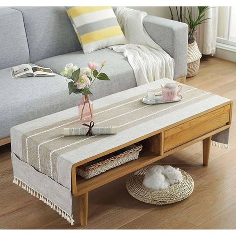 Nappe basse rectangulaire en lin facile à nettoyer, avec poches, 50 x 145 cm, beige (1/4)