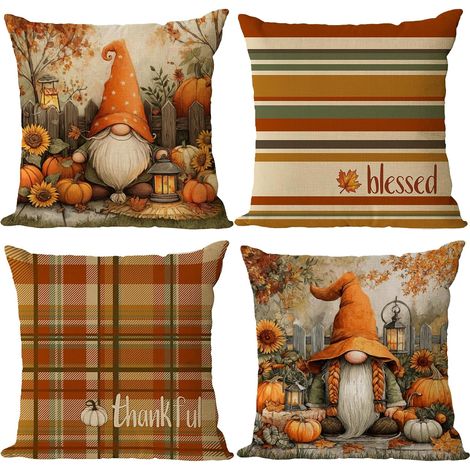 Fundas de cojín decorativas de otoño, 45x45 cm, juego de 4, estampado de calabazas de Acción de Gracias, cuadros naranjas, con gnomos. (1/5)