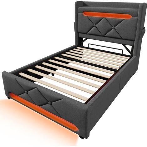 Cama tapizada individual 90 x 200 cm con almacenaje, LED y colchón gris (1/5)