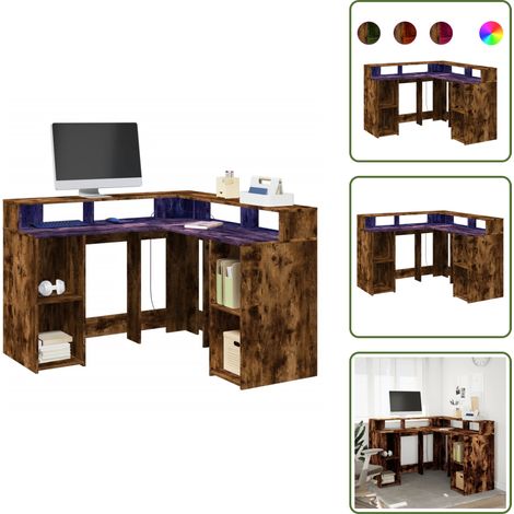 Bureau et lumières LED chêne fumé 130x130x91cm bois ingénierie - Bureau - Bureaux - Bureau D'ordinateur - Bureau D'étude (1/5)
