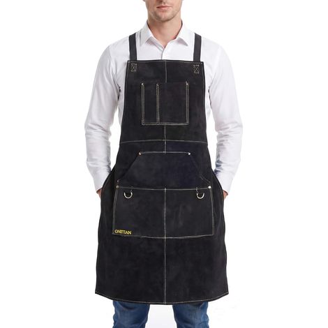 Tablier de soudure en cuir avec doublure douce – résistant à la chaleur, ignifuge, tablier de protection robuste avec plusieurs poches (1/5)