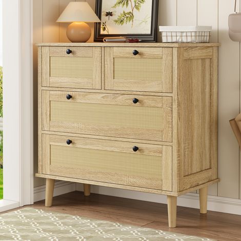 Rustikale Kommode mit 4 Rattanschubladen, Aufbewahrungseinheit, Beine aus Massivholz, Sideboard und Kommode 80x40x80 cm
