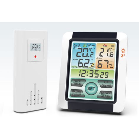 Stazione meteorologica digitale con sensore esterno, termometro, igrometro, barometro, orologio radiocontrollato con sveglia, previsioni meteo animate, ampio schermo LCD a colori -Crezuo