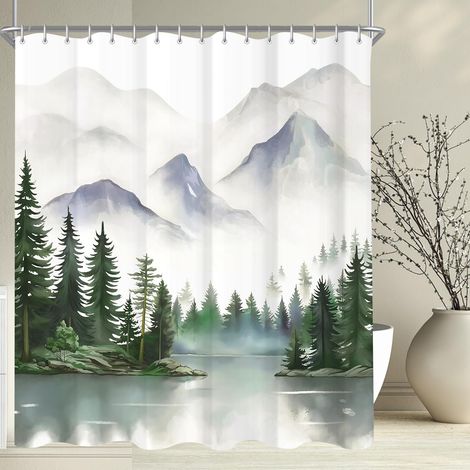 Rideau de douche, 240 x 200 cm, motif montagnes, ourlet lesté, anti-moisissure, imperméable, lavable, en tissu polyester, pour salle de bain, baignoire avec 16 anneaux de rideau de douche (1/5)