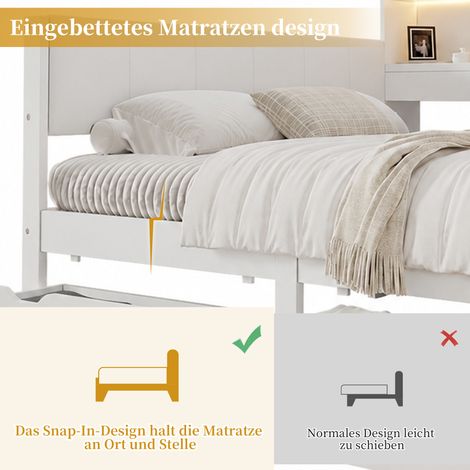 Lit enfant 140x200 avec rangement intégré, éclairage LED, ports USB, tiroirs, tête de lit rembourrée en PU, mezzanine en bois blanc, canapé-lit avec étagères et armoires (1/5)